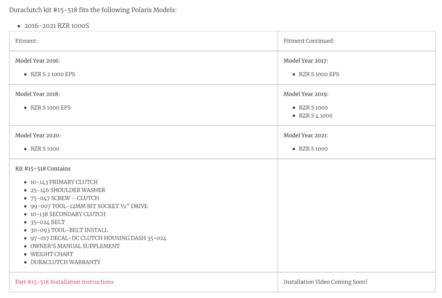 Duraclutch Kit # 15-518
